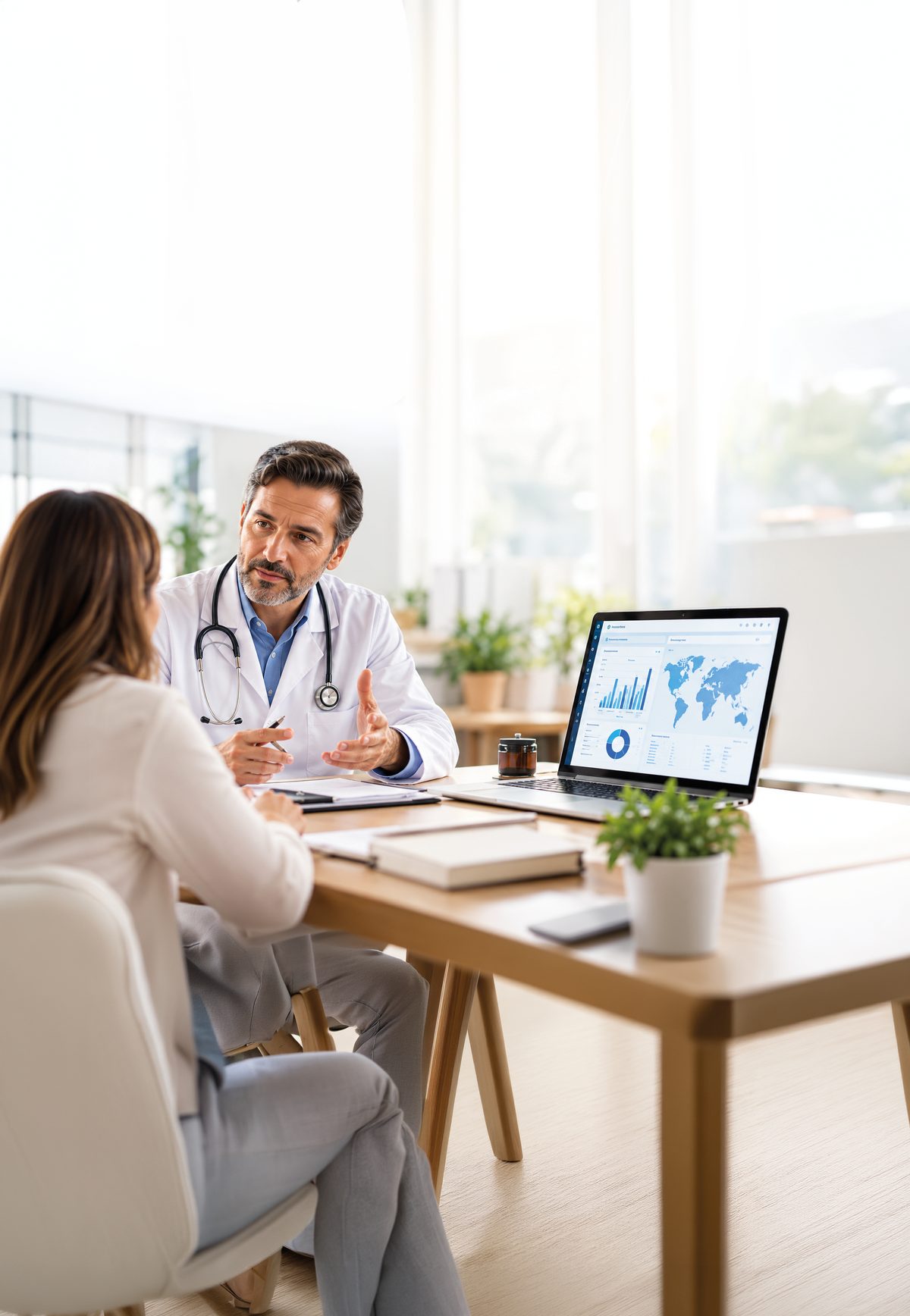 Consulta clínica en la que un médico revisa con una paciente datos y gráficos de la práctica